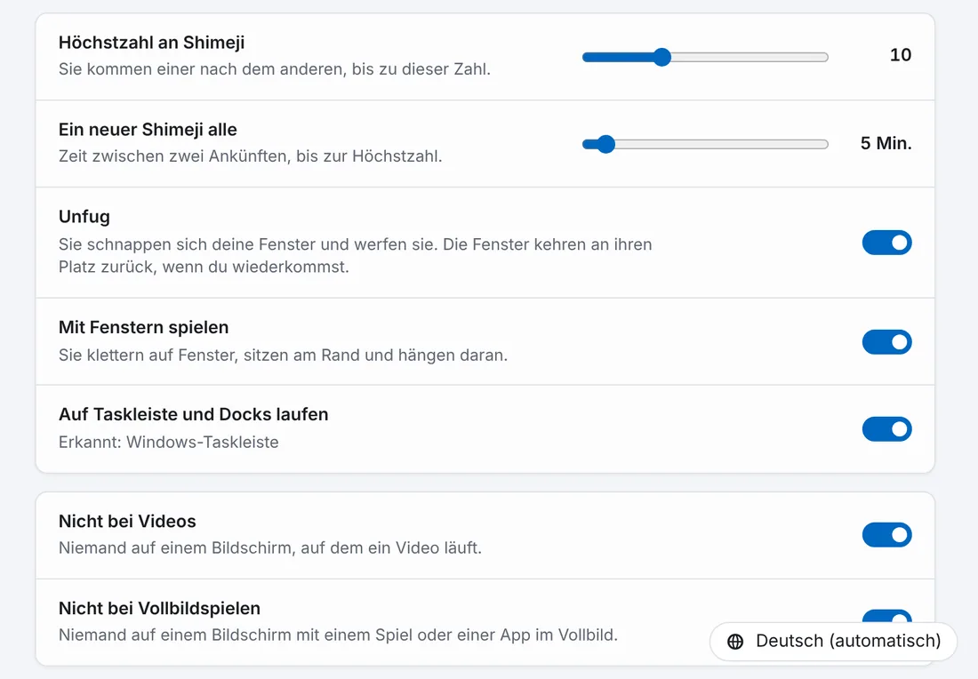 Der Reiter Verhalten in den Einstellungen: Höchstzahl, Abstand, Unfug, Fenster, Taskleiste, Videos und Spiele.