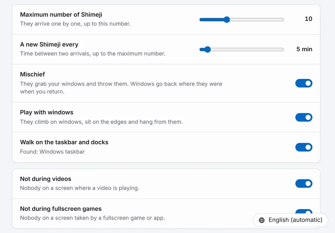 The Behavior tab of the settings: maximum number, interval, mischief, windows, taskbar, videos and games.