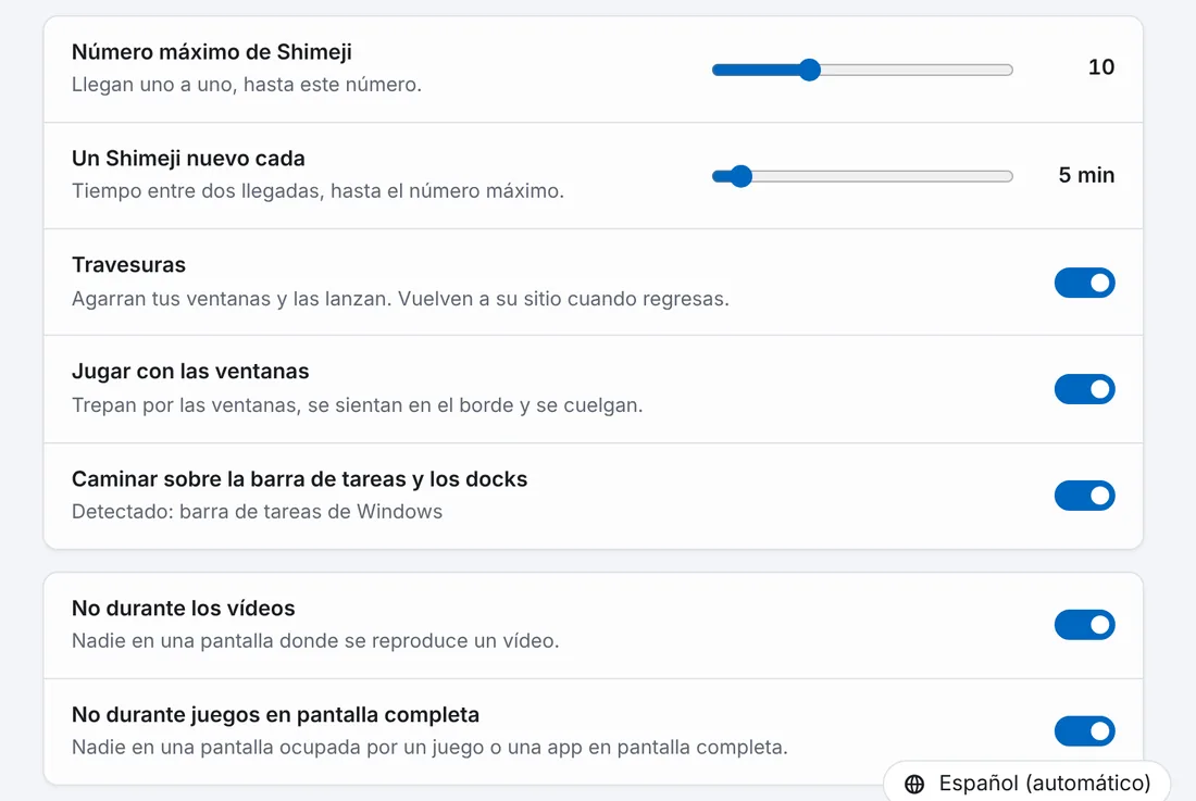 La pestaña Comportamiento de los ajustes: número máximo, intervalo, travesuras, ventanas, barra de tareas, vídeos y juegos.