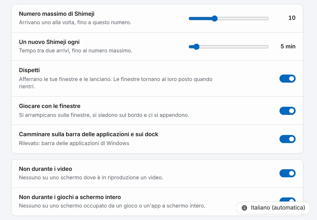 La scheda Comportamento delle impostazioni: numero massimo, intervallo, dispetti, finestre, barra delle applicazioni, video e giochi.