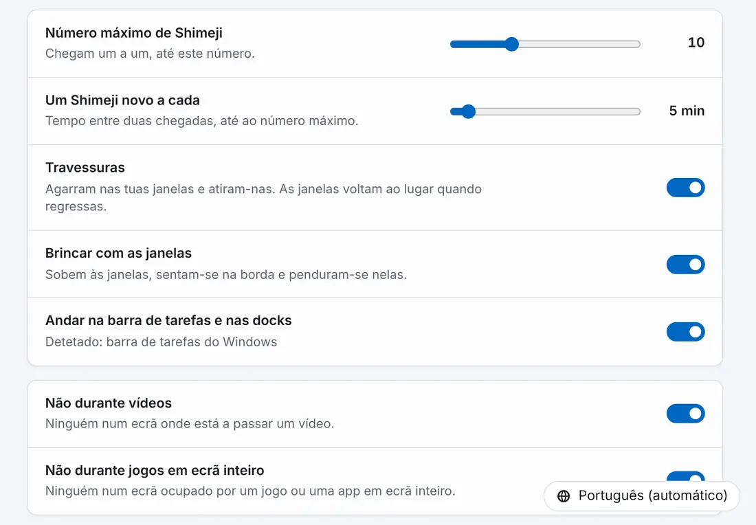 O separador Comportamento das definições: número máximo, intervalo, travessuras, janelas, barra de tarefas, vídeos e jogos.