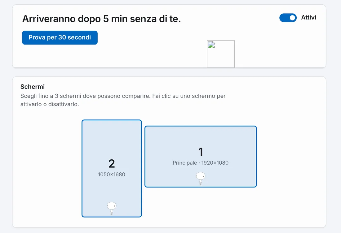 La mappa degli schermi nelle impostazioni di Shimeji Desktop Reloaded, con due schermi attivi.