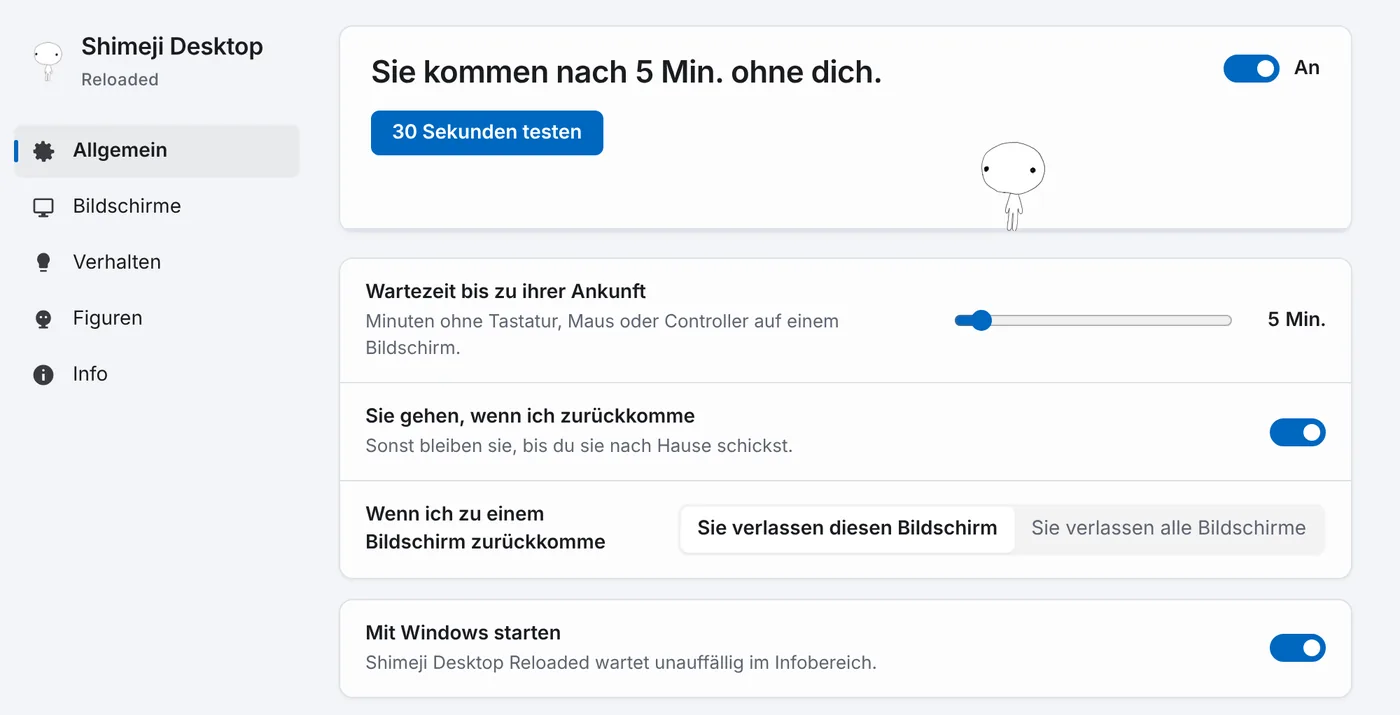 Der Reiter Allgemein in den Einstellungen, mit dem Schalter An und dem Knopf 30 Sekunden testen.