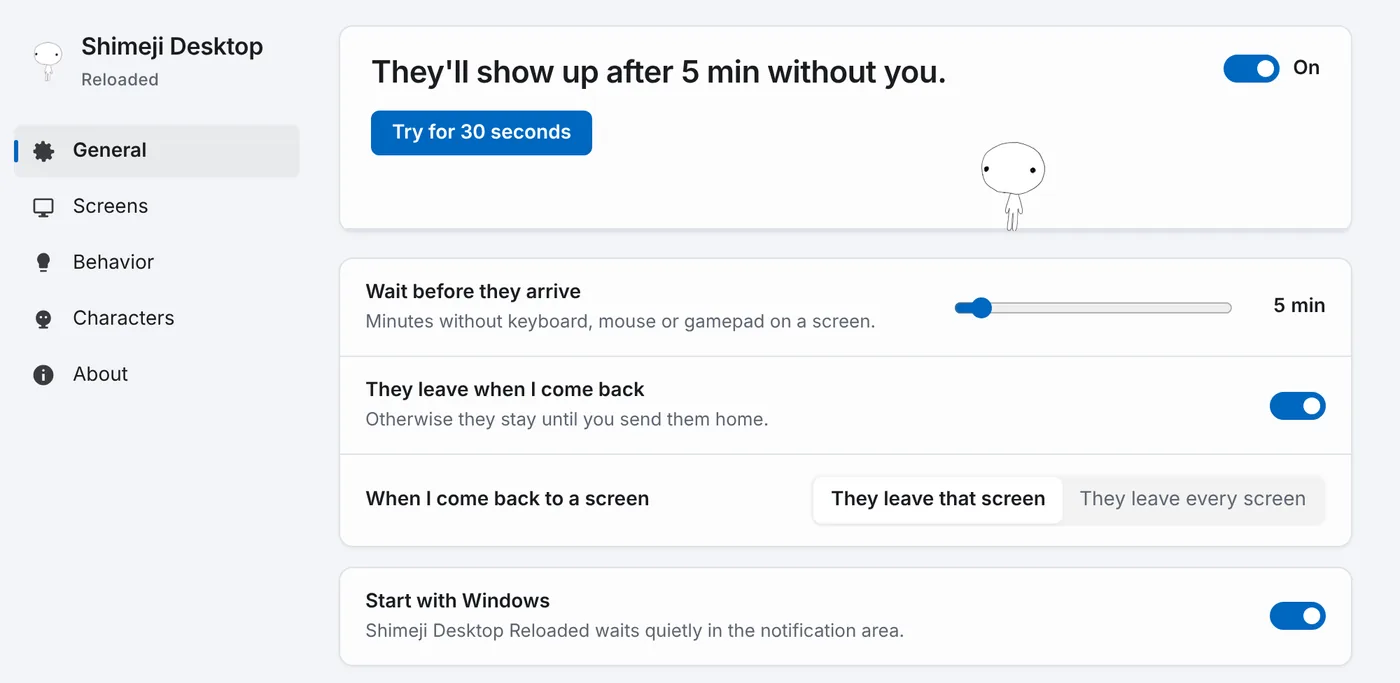 The General tab of the settings, with the On switch and the Try for 30 seconds button.