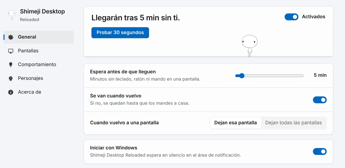 La pestaña General de los ajustes, con el interruptor Activados y el botón Probar 30 segundos.