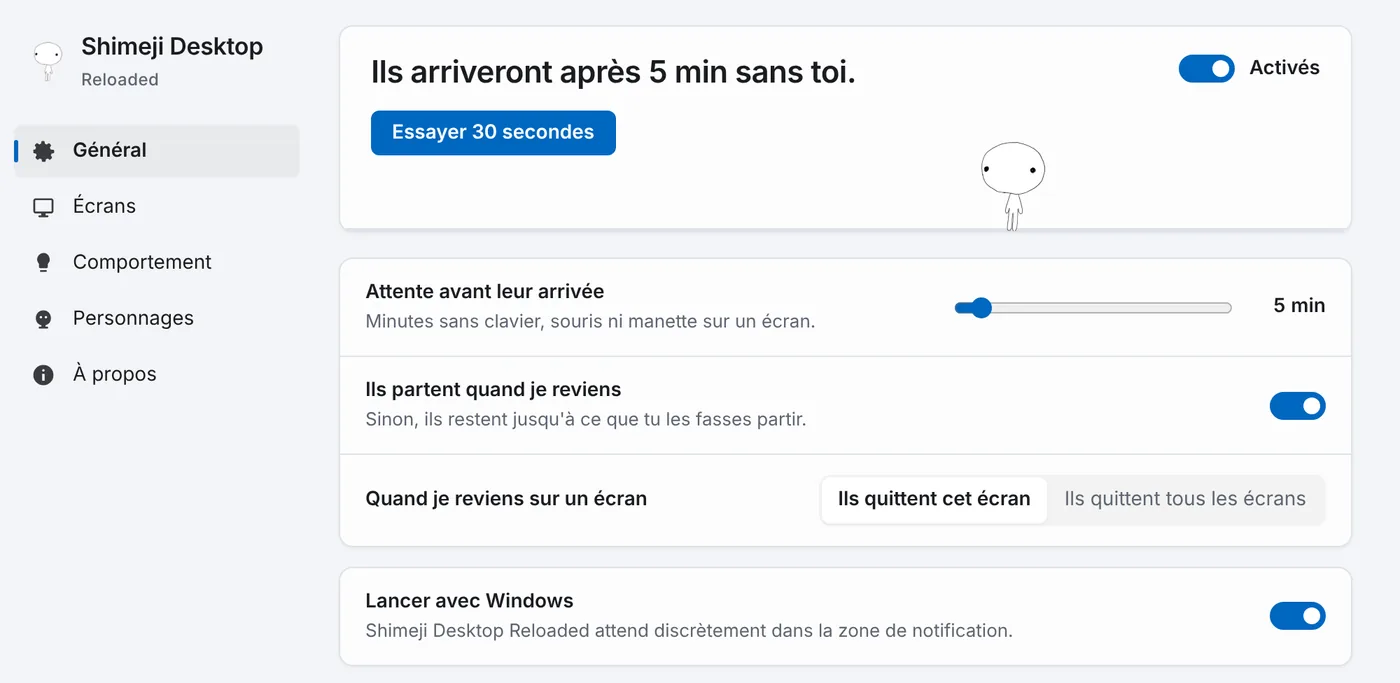 L'onglet Général des réglages, avec l'interrupteur Activés et le bouton Essayer 30 secondes.