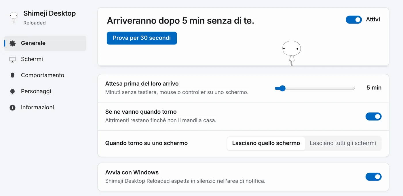 La scheda Generale delle impostazioni, con l'interruttore Attivi e il pulsante Prova per 30 secondi.