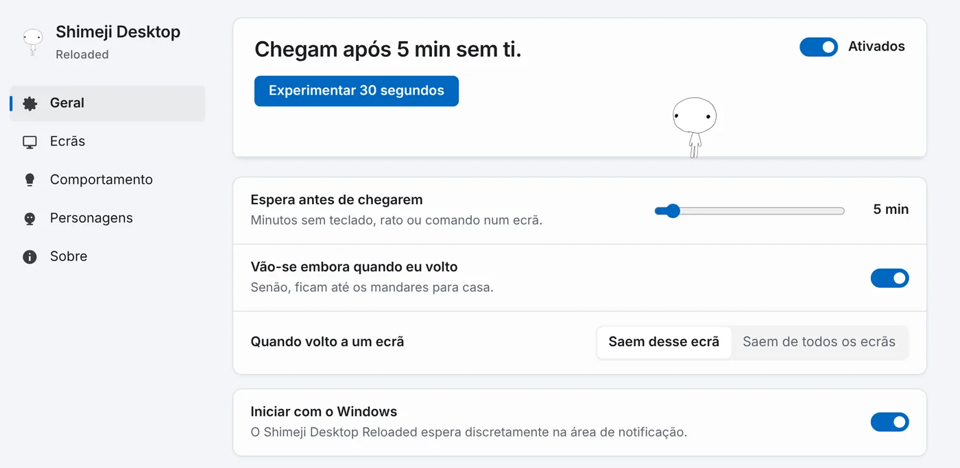 O separador Geral das definições, com o interruptor Ativados e o botão Experimentar 30 segundos.