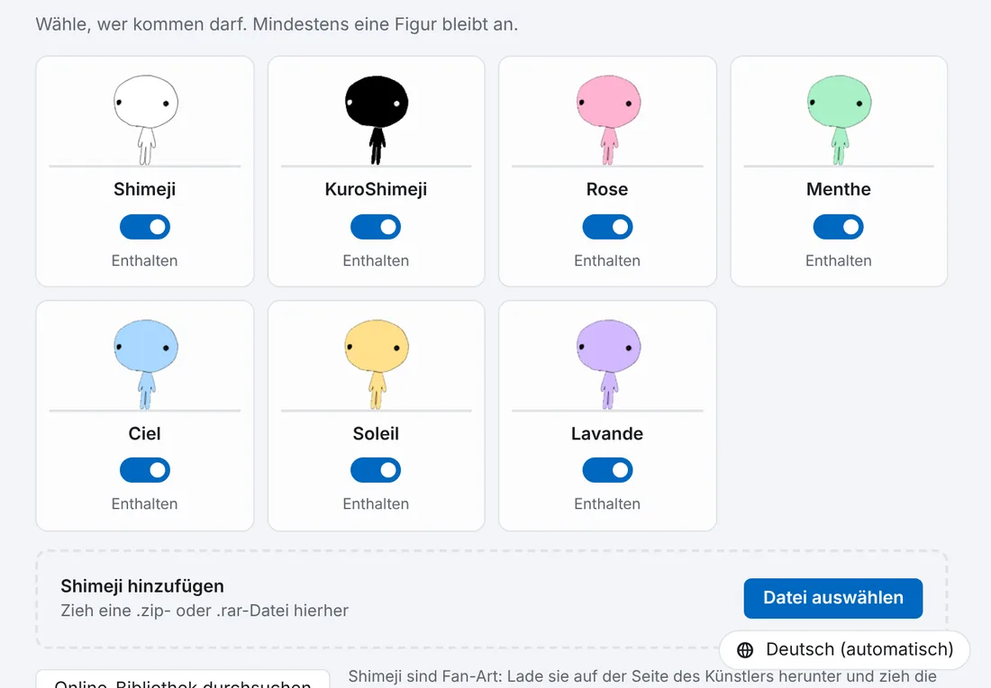 Der Reiter Figuren in den Einstellungen, mit den sieben mitgelieferten Figuren und dem Bereich zum Hinzufügen.