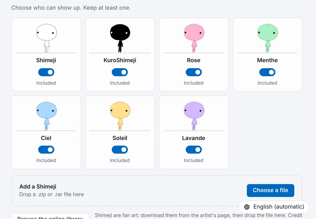The Characters tab of the settings, with the seven built-in characters and the area to add more.
