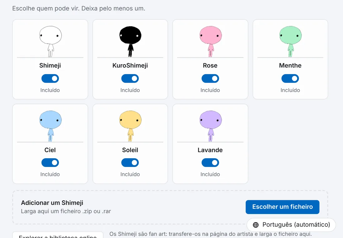 O separador Personagens das definições, com as sete personagens incluídas e a zona para adicionar mais.